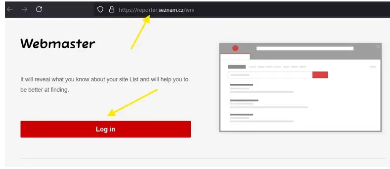Seznam Webmaster login page at reporter.seznam.cz with red “Log in” button and browser URL bar highlighted.