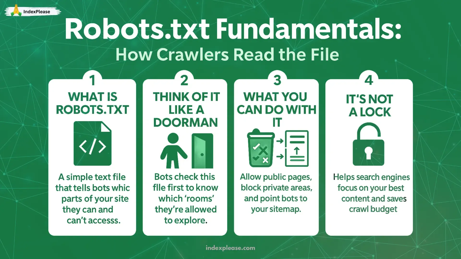 robots.txt fundamentals: what it is, how it works like a doorman, what it controls and its crawl budget role.