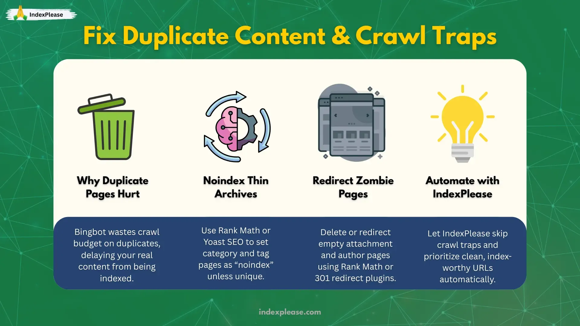 Fix duplicate content and crawl traps using noindex, redirects and IndexPlease to save crawl budget and boost indexing.