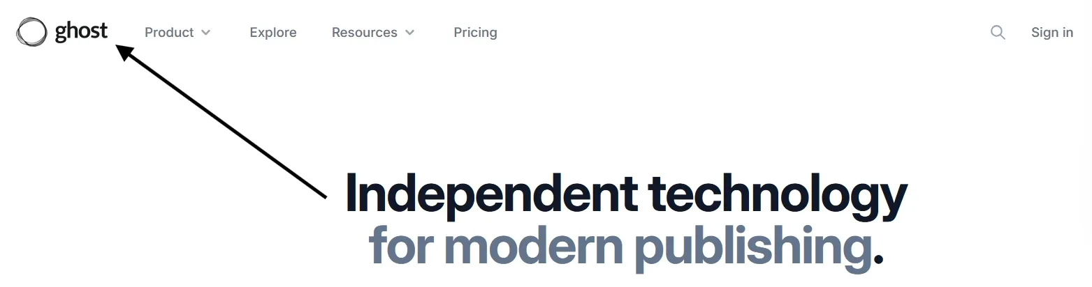 Ghost CMS homepage showing the Ghost logo in the top-left corner and the tagline Independent technology for modern publishing.