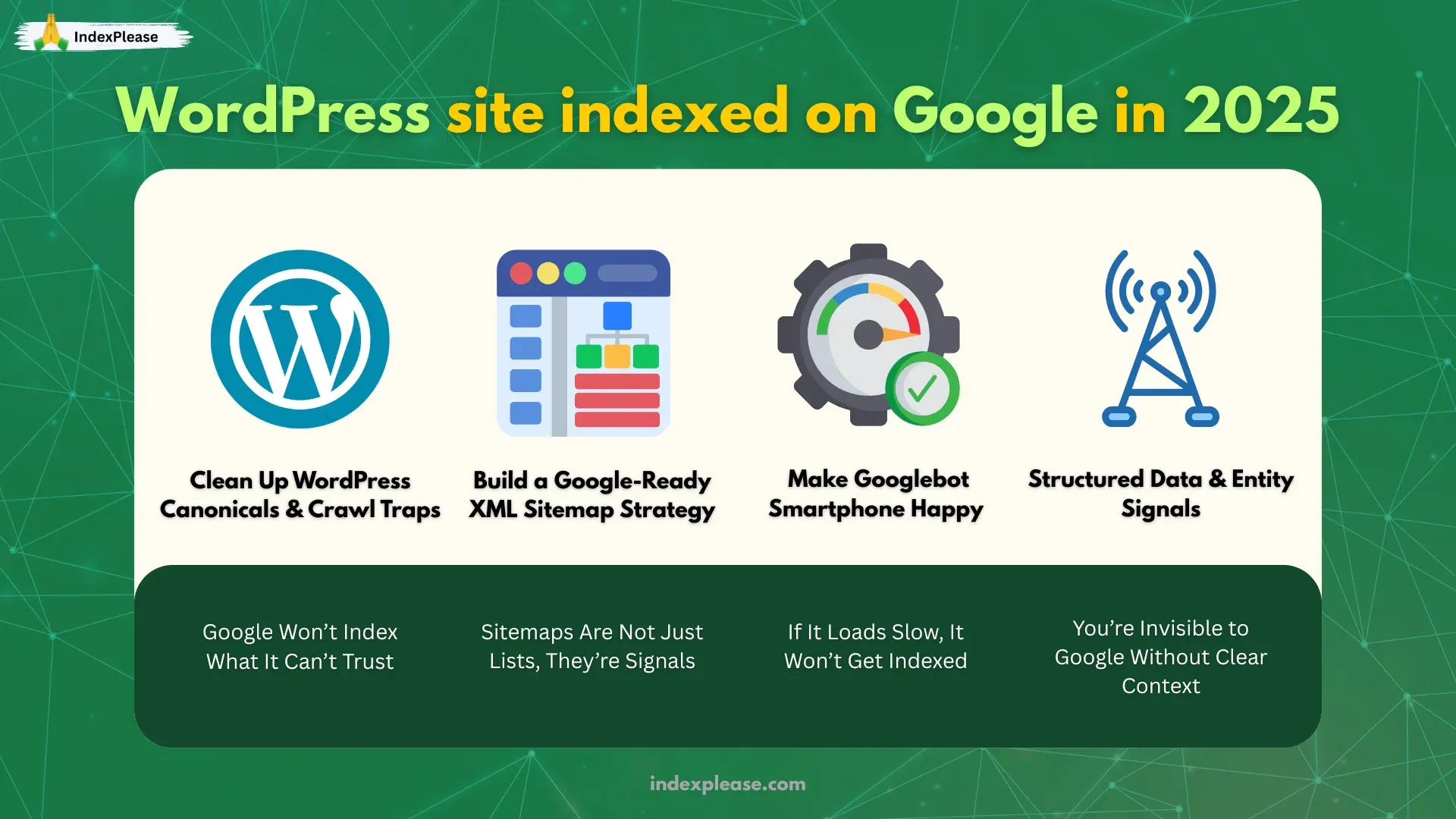 Clean up canonicals, build XML sitemap, optimize for mobile and add structured data.