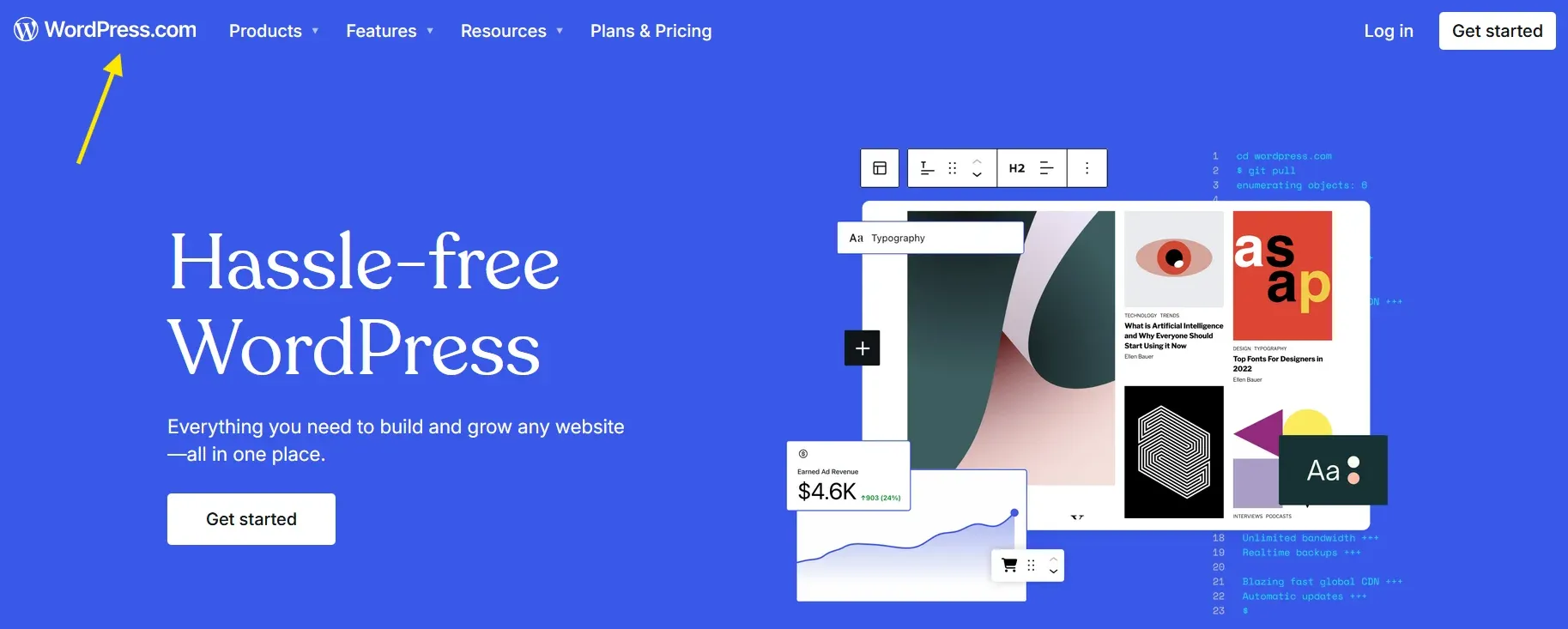WordPress.com official homepage promoting hassle-free website building with pricing and features.