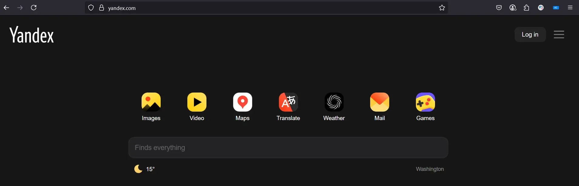 Yandex homepage showing the Yandex logo and the search box with shortcut icons