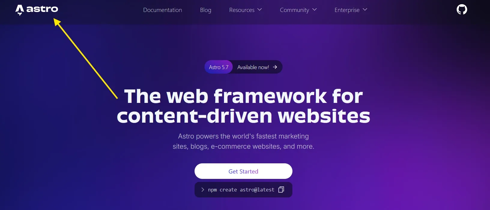 Astro homepage highlighting its logo and tagline, “The web framework for content-driven websites.