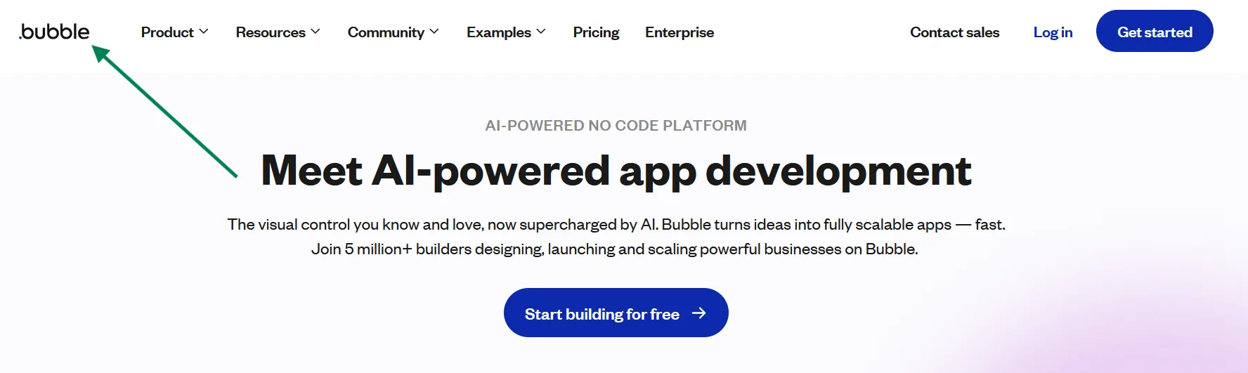 Bubble homepage highlighting its logo and tagline, “Meet AI Powered App Development