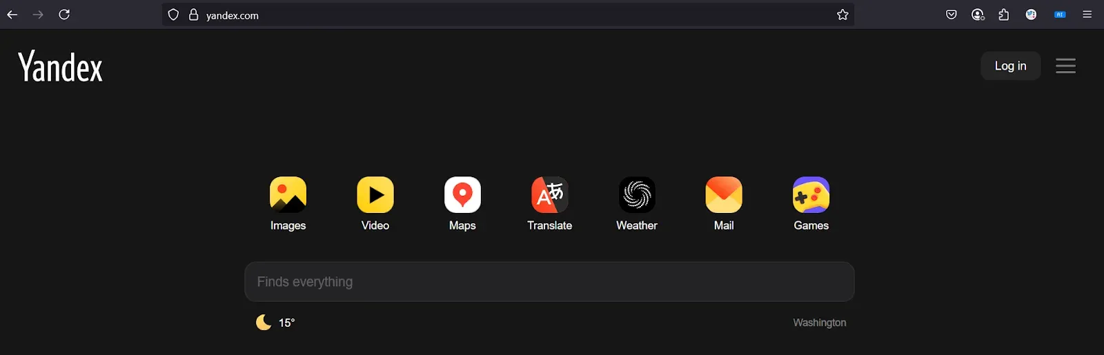 Yandex homepage showing the Yandex logo and the search box with shortcut icons.