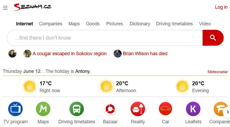 Seznam.cz homepage showing login button, weather forecast, search bar, and navigation to services like maps, news and bazaar.