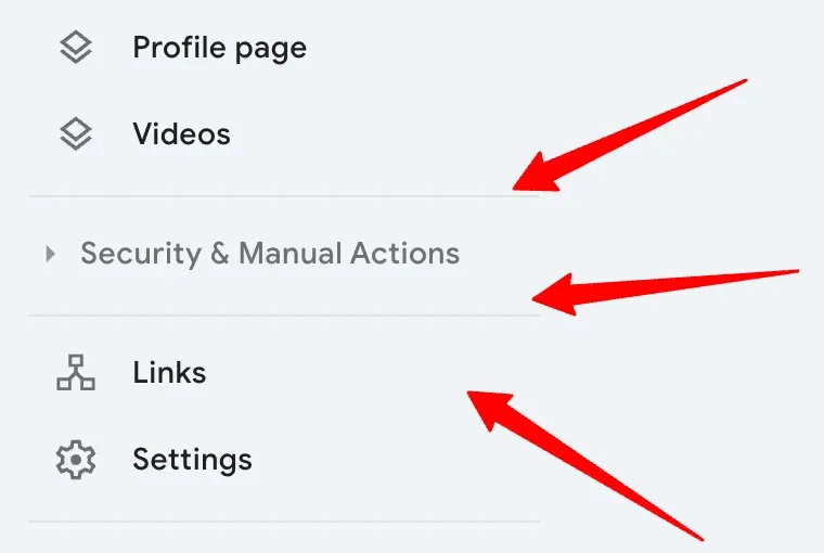 Google Search Console sidebar showing navigation items: Profile page, Videos, Security & Manual Actions, Links & Settings