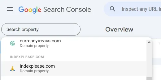 Select the domain from the search property of Google Search Console