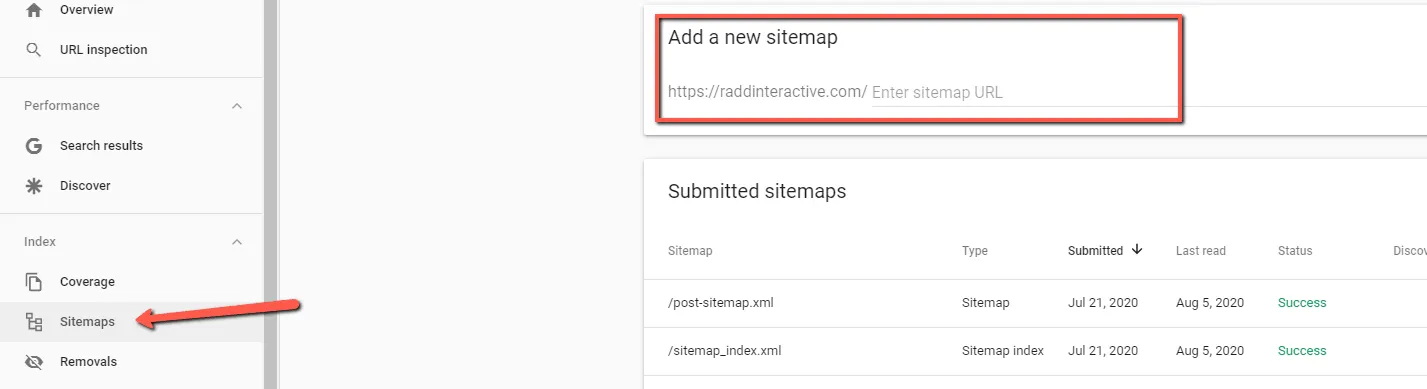 Google Search Console interface showing the 'Add a new sitemap' field and a list of submitted sitemaps with success status.