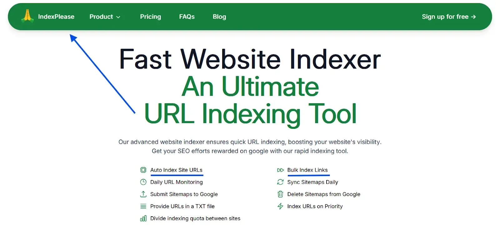 IndexPlease homepage showing branding logo top-left, with features like auto index, sitemap sync and bulk URL indexing.