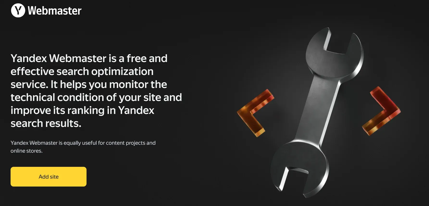 Yandex Webmaster introduction screen showing SEO and site monitoring tools to improve Yandex search visibility.