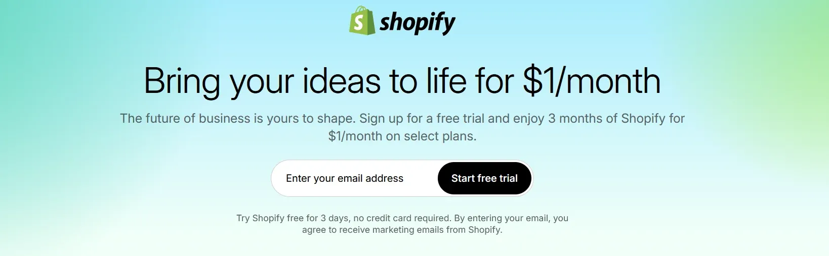 Shopify homepage with their promo of plans mentioned on it