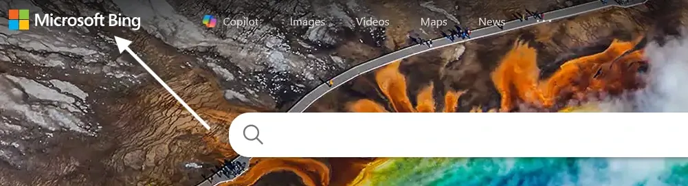 Bing homepage with a search bar and arrow pointing to Microsoft Bing logo in the top left corner for brand identification.