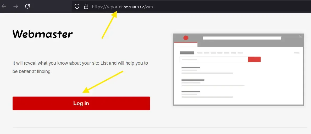 Seznam Webmaster tool login page with URL bar and red login button highlighted for site verification.