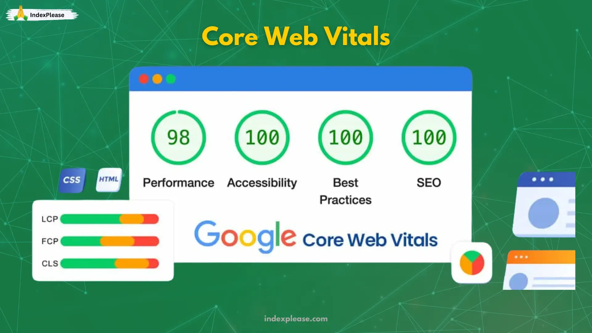 Highlight of Core Web Vitals scores for performance, accessibility, best practices and SEO.