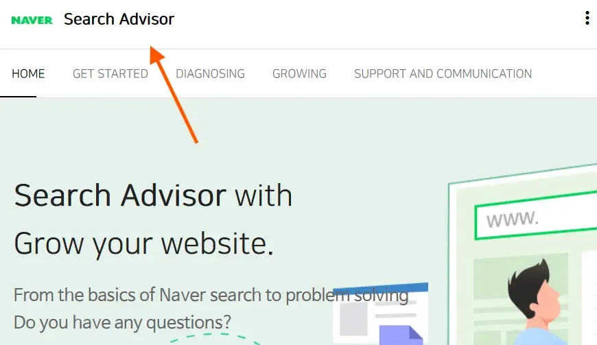 Naver Search Advisor dashboard with top navigation tabs including Get Started, Diagnosing, Growing, and Support.
