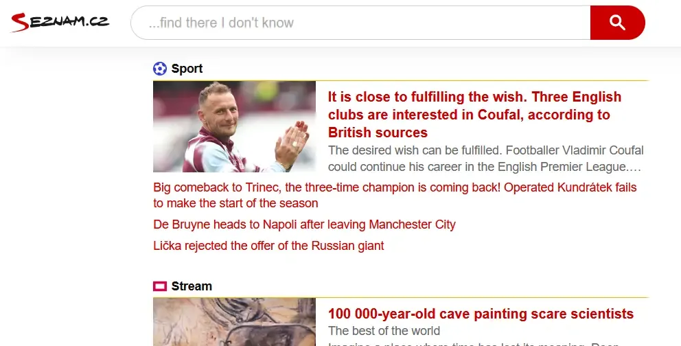 Seznam.cz news stream showing sports headlines and more fresh content.