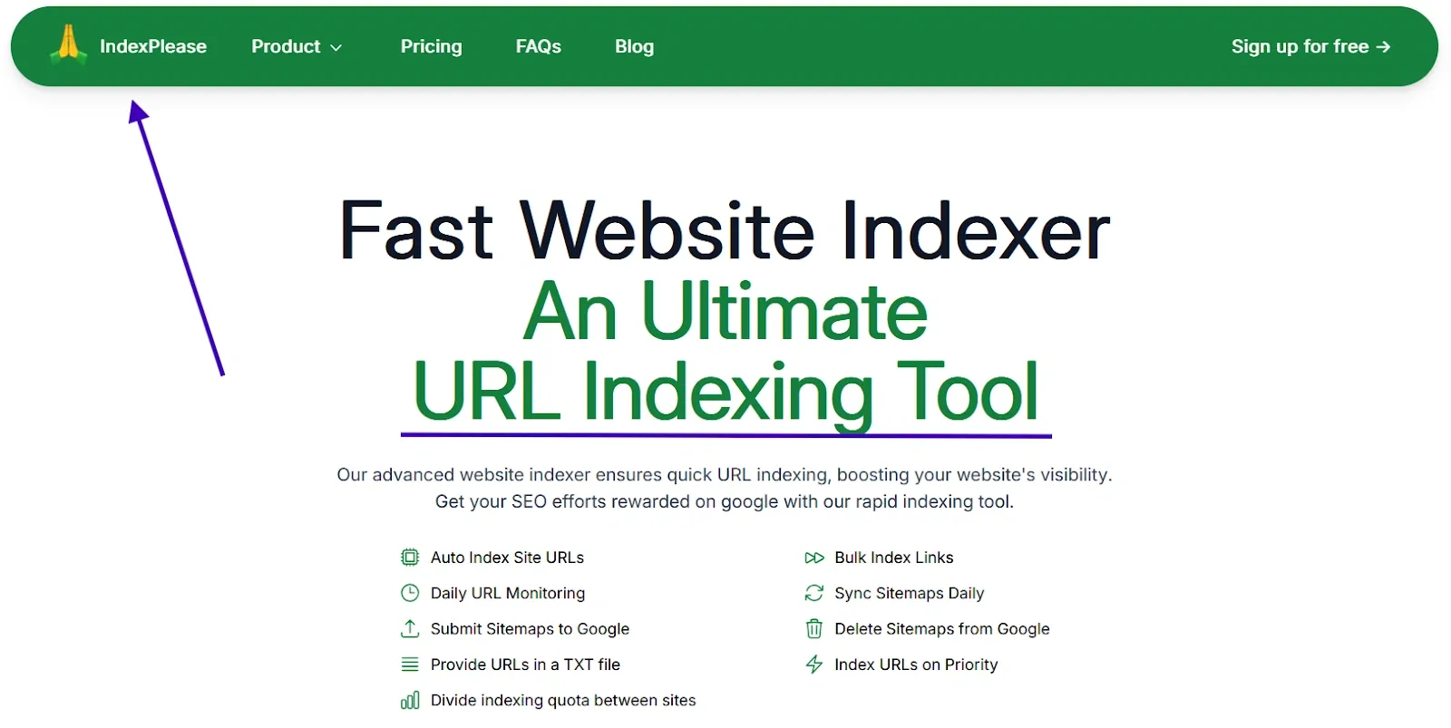 IndexPlease homepage showing URL indexing tool features