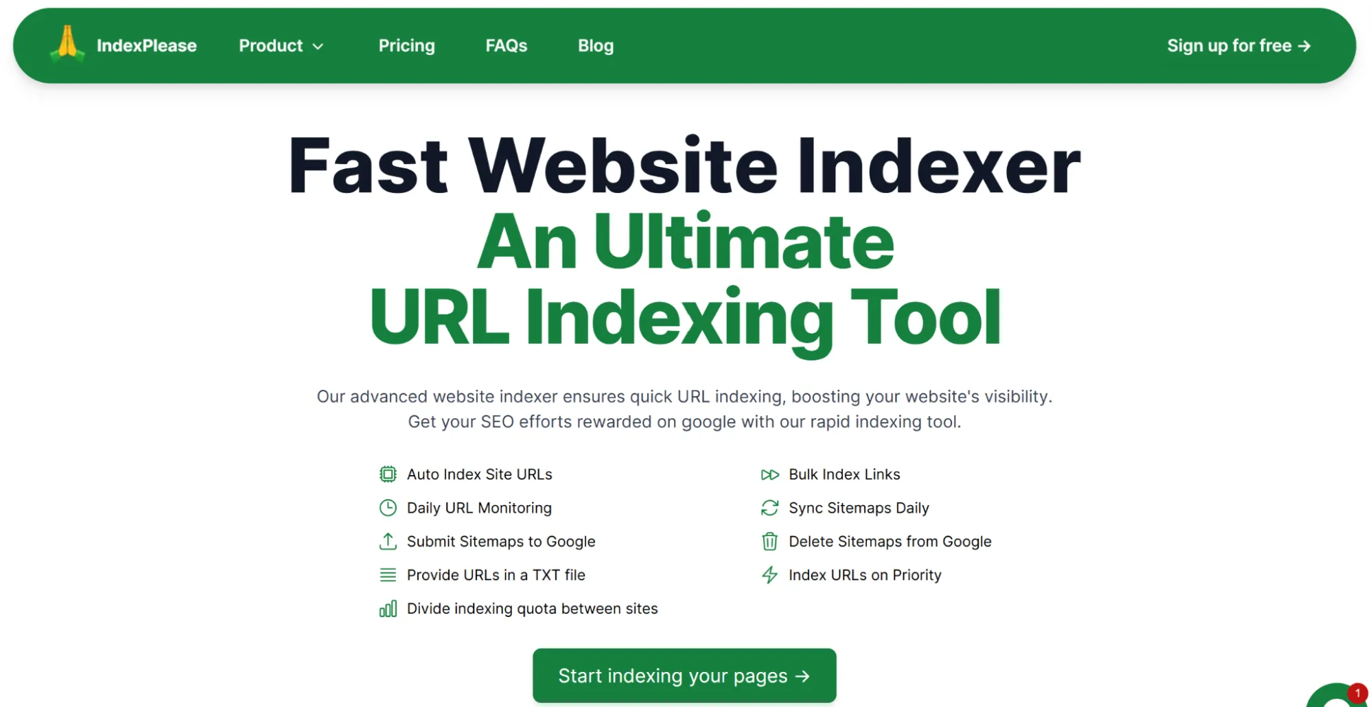 Main view of indexplease.com for faster indexing