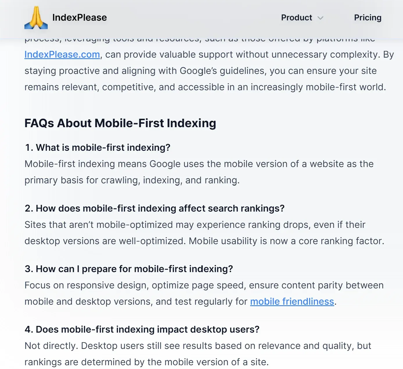 FAQs of indexplease.com blog on mobile-first-indexing