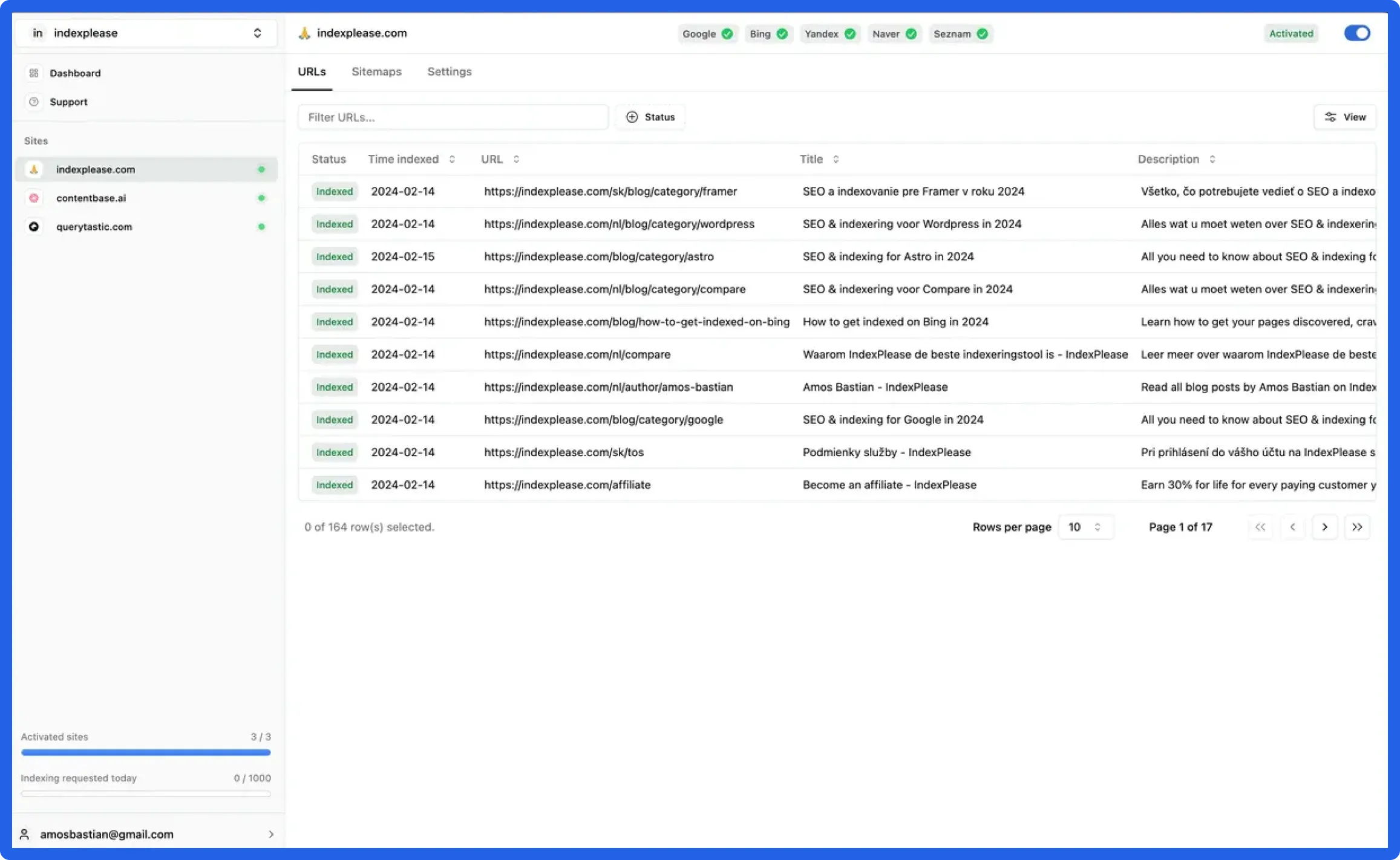 IndexPlease Tool Dashboard