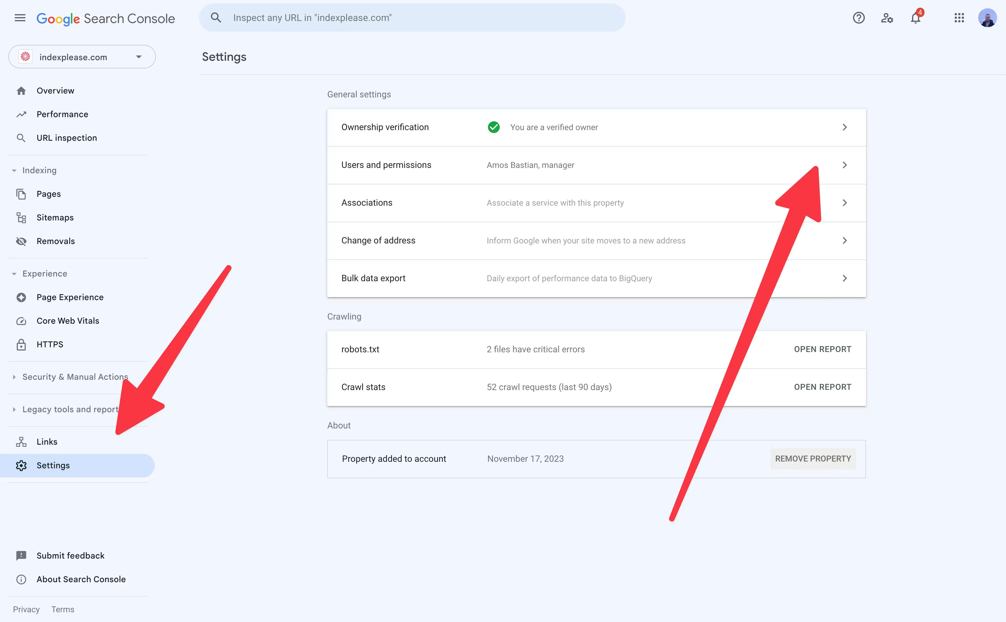 Open Google Search Console settings and select 'Users and Permissions'