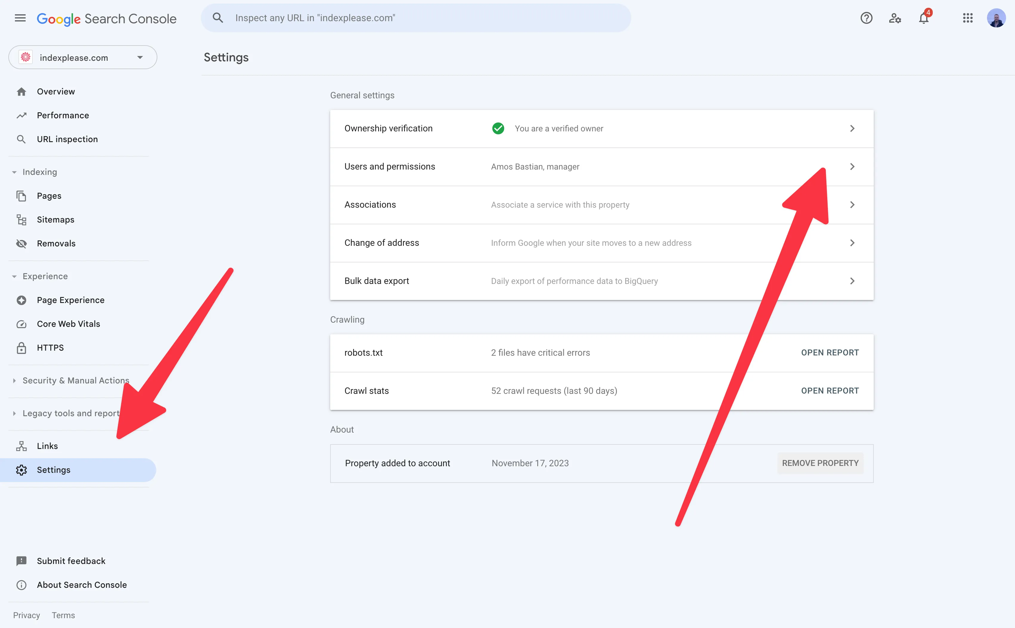 Open Google Search Console settings and select 'Users and Permissions'