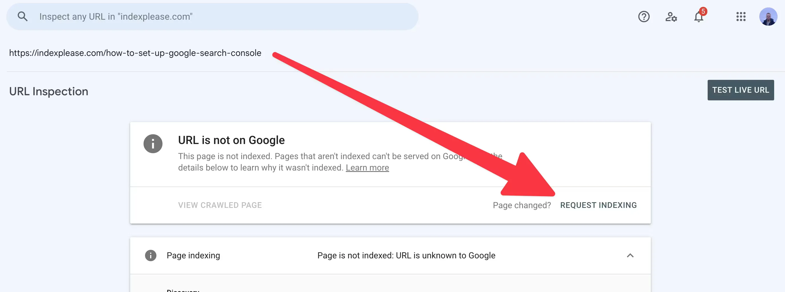 Request indexing on Google Search Console