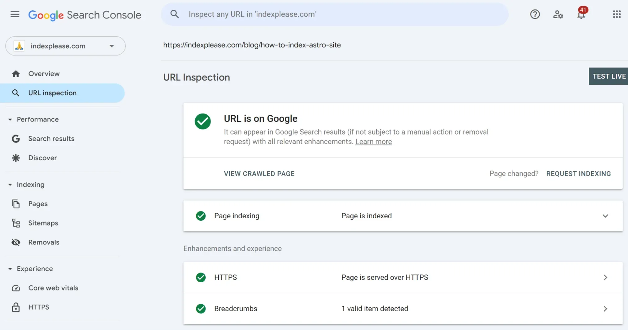 screenshot of URL inspection tool on Google Search Console