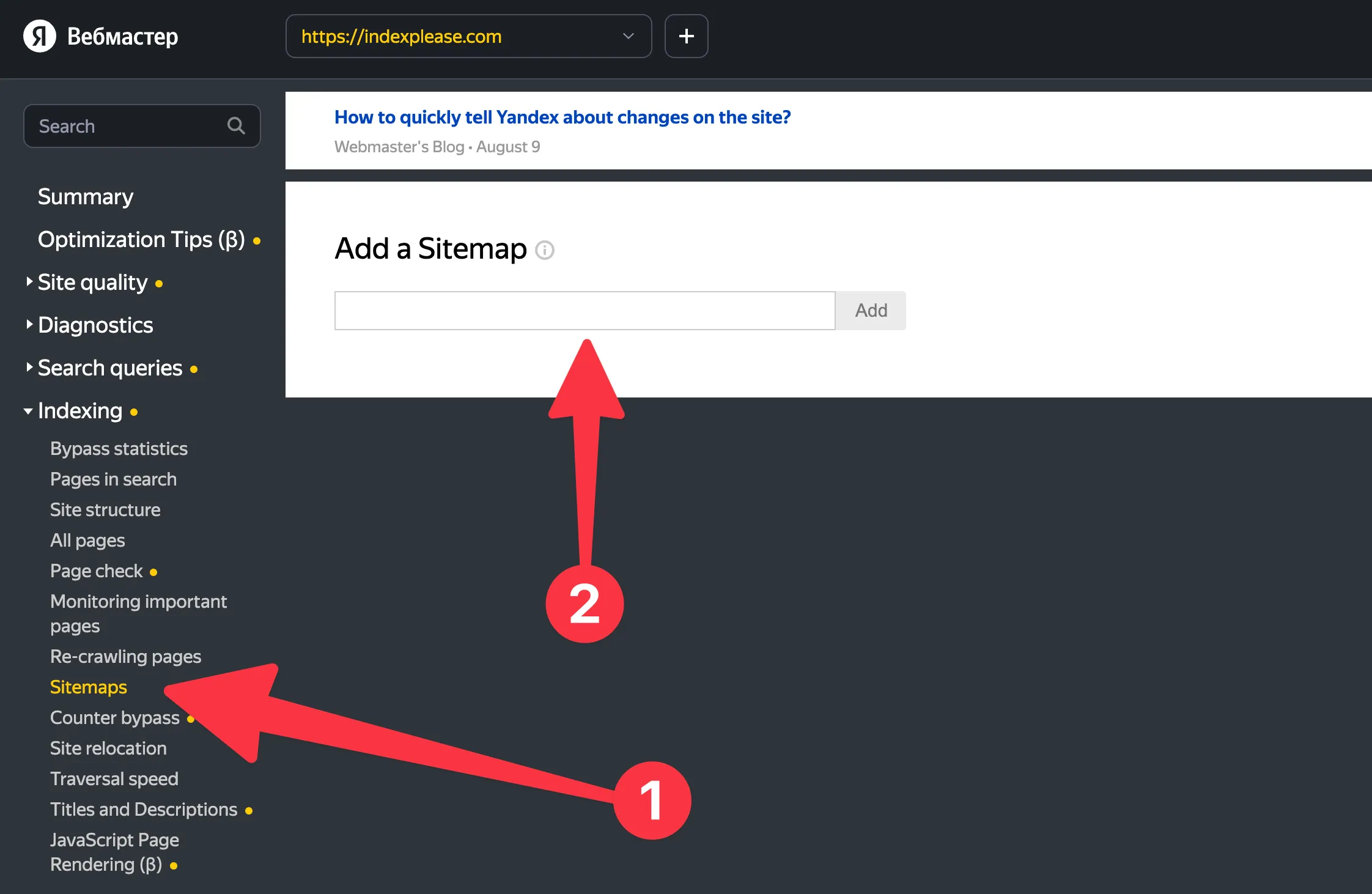 Submit your sitemap on Yandex Webmaster Tools