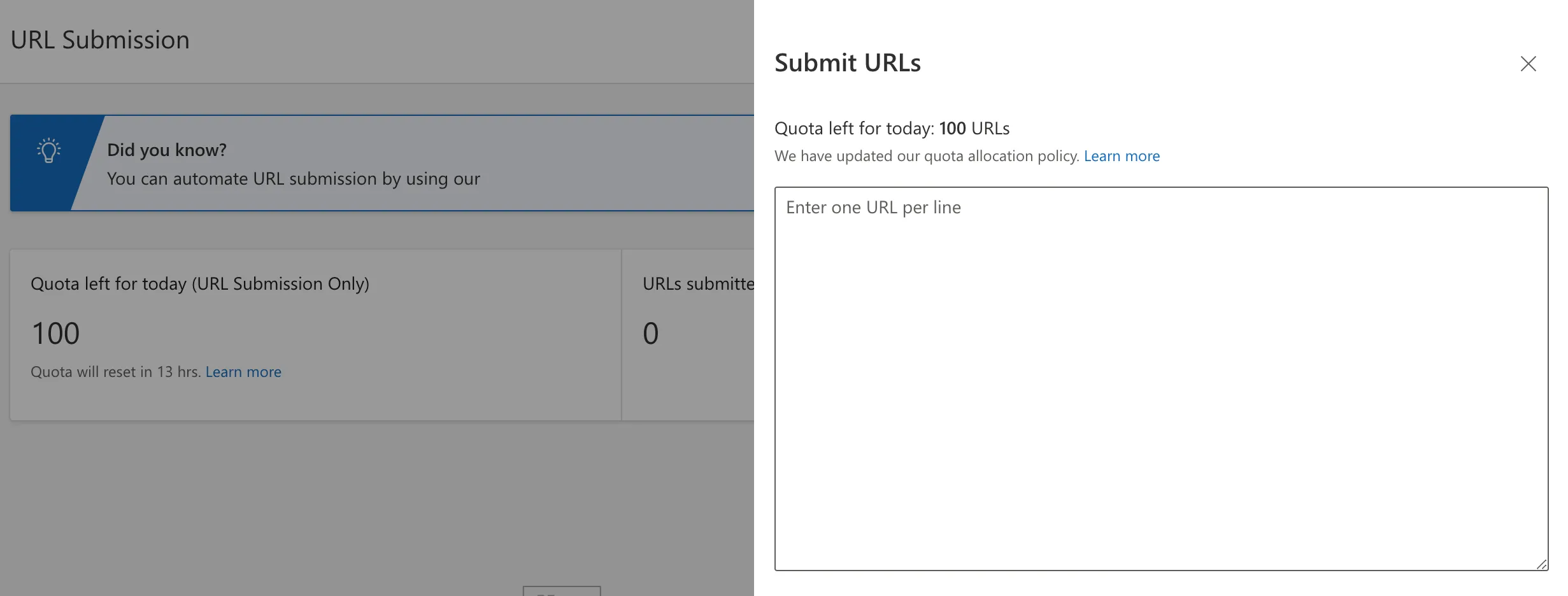 Submit URLs for indexing on Bing Webmaster Tools