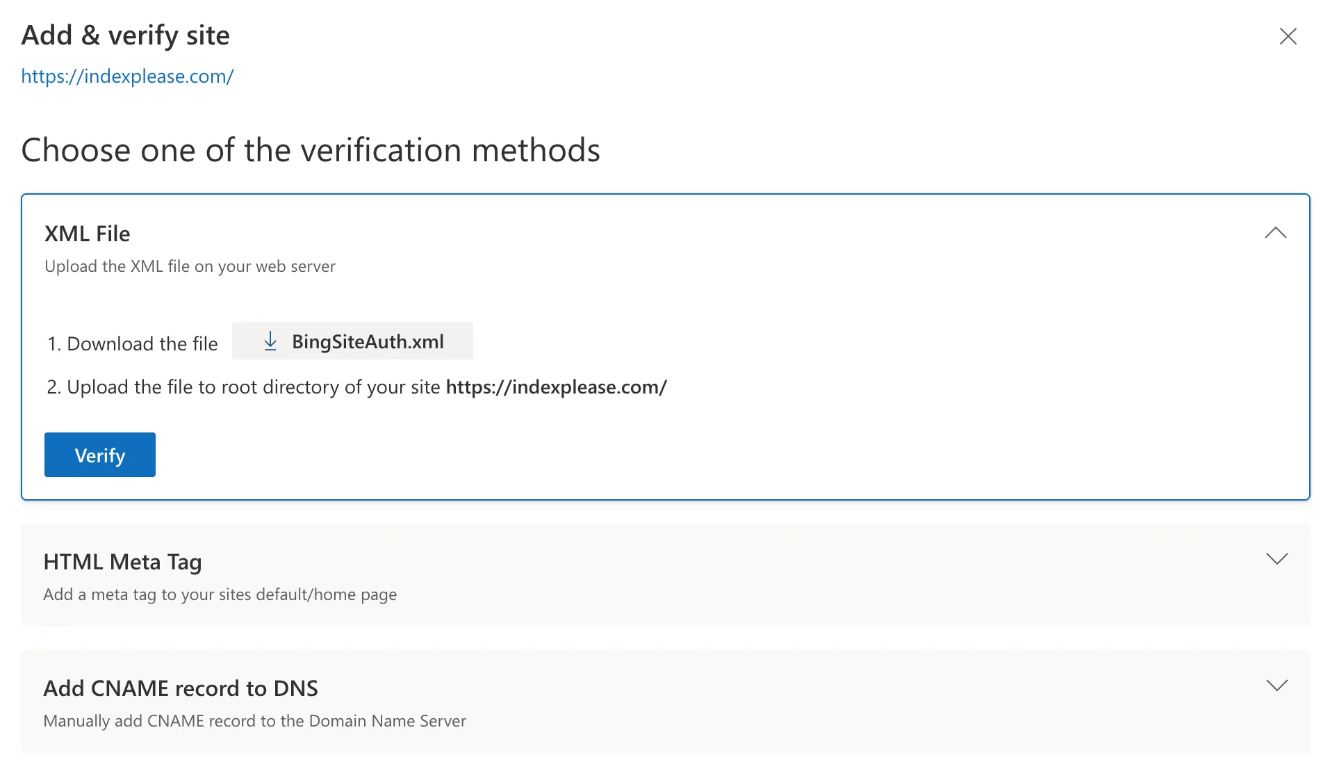 Verify website on Bing Webmaster Tools