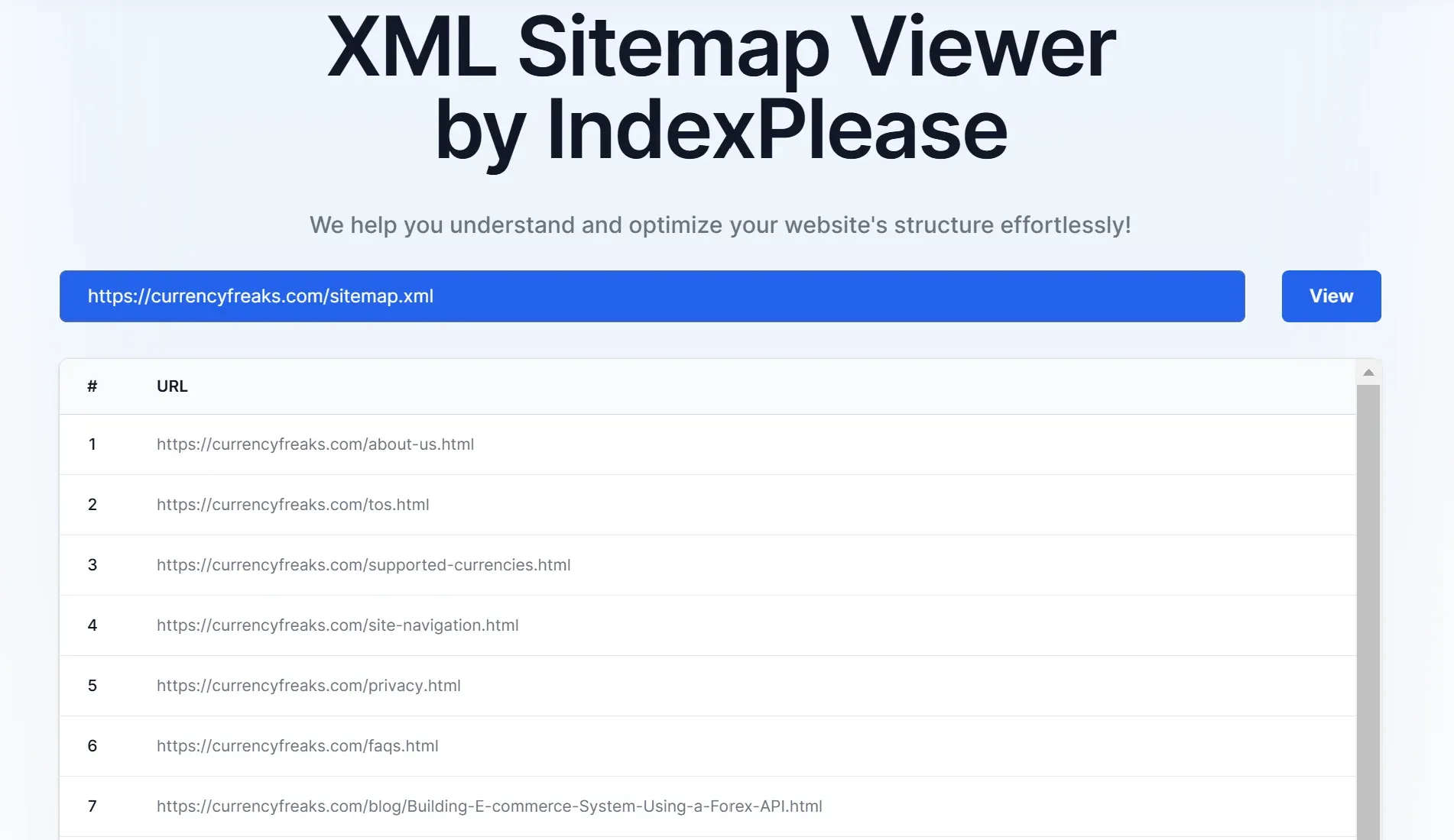 List of URLs from XML Sitemap Viewer